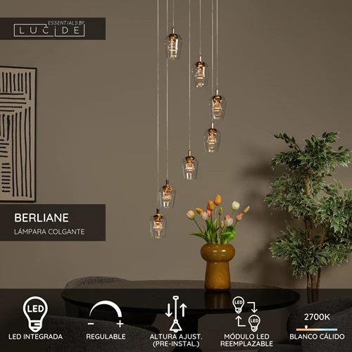 Lucide BERLIANE - Lámpara colgante - Ø 39 cm - LED Regul. - 7x4W 2700K - Con módulo LED reemplazable - Transparente | Essential - USP